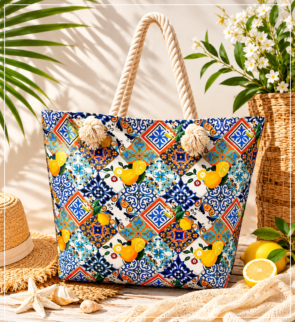 Sac de plage motifs méditerranéens 🍋☀️