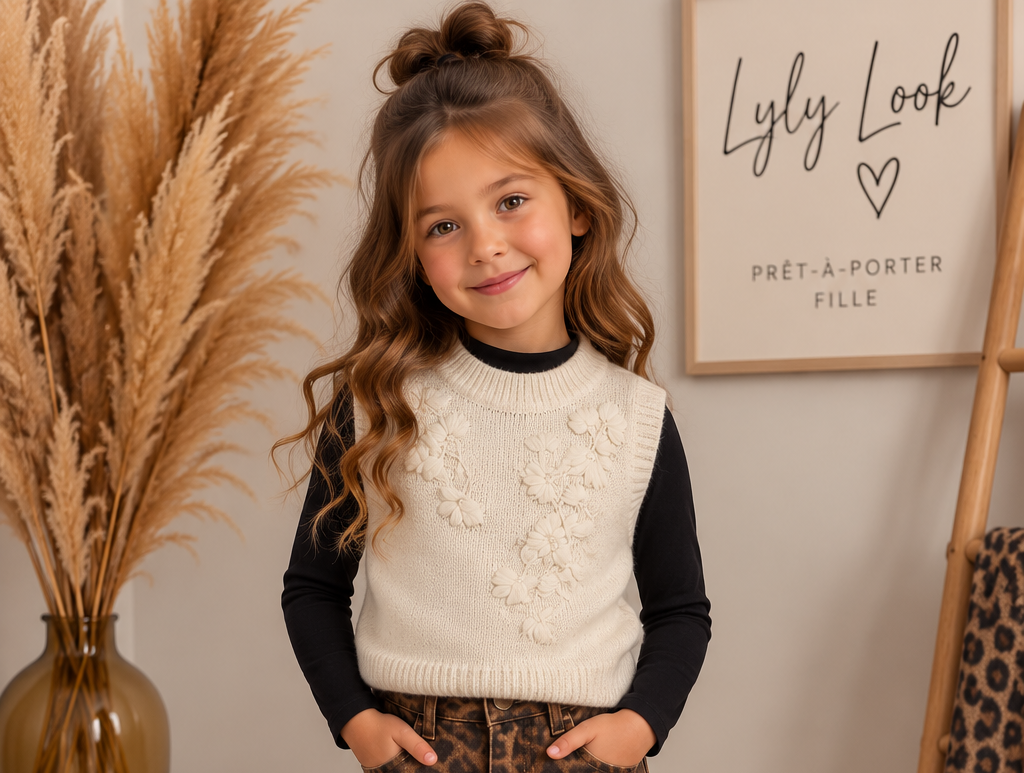 🤍 Pull sans manches fille – Fleurs en relief