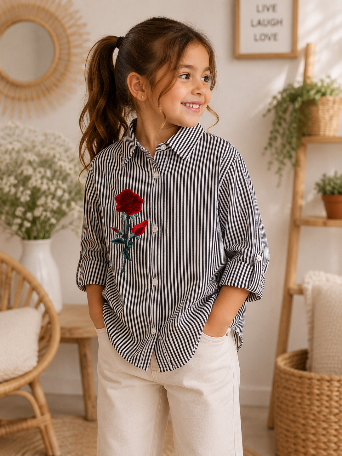 🌹 Chemise rayée Rose – Noir & Blanc
