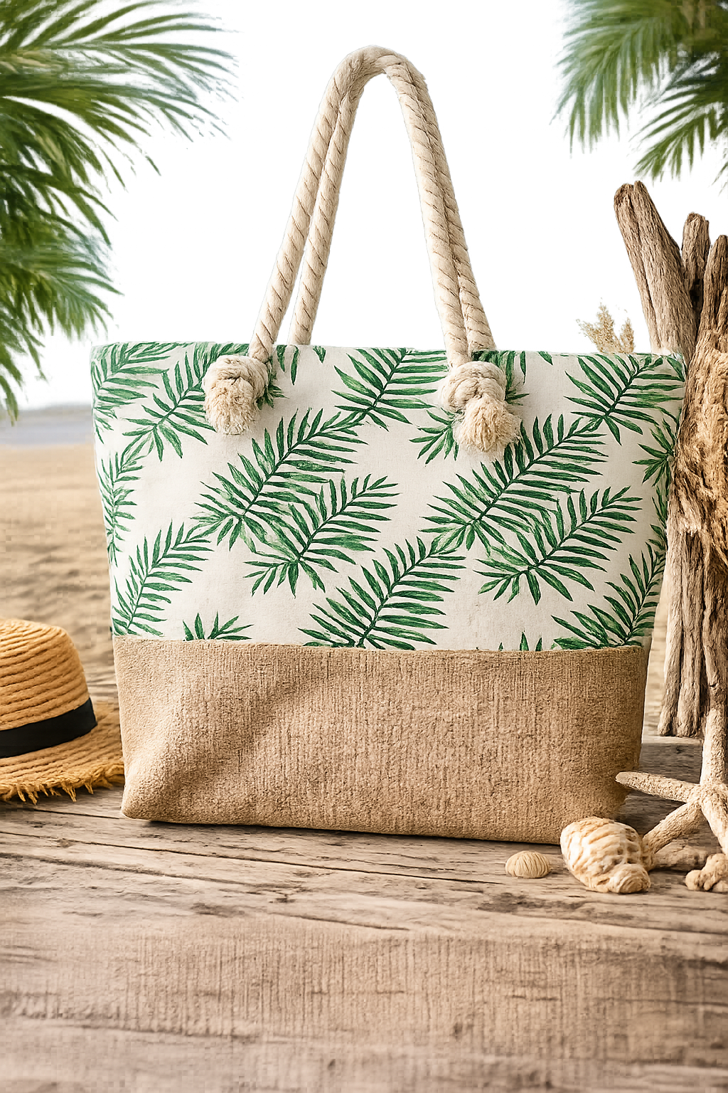 🌿 Sac de plage Tropical – Feuilles Vertes