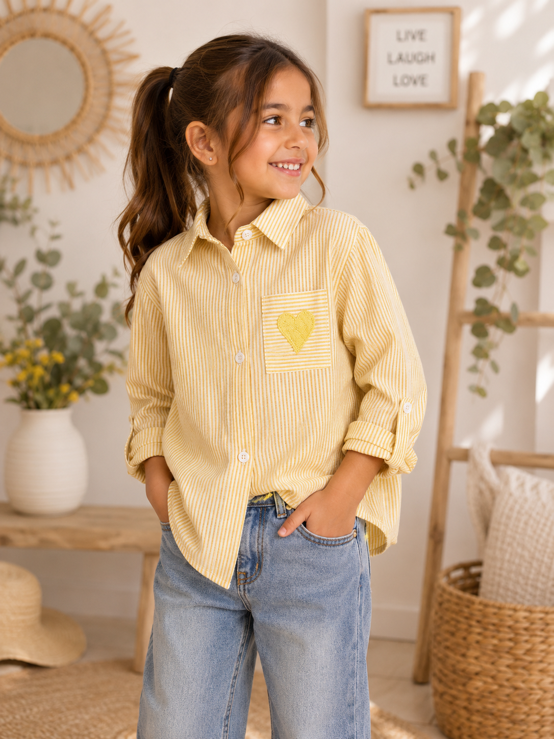 💛 Chemise rayée Cœur – Jaune