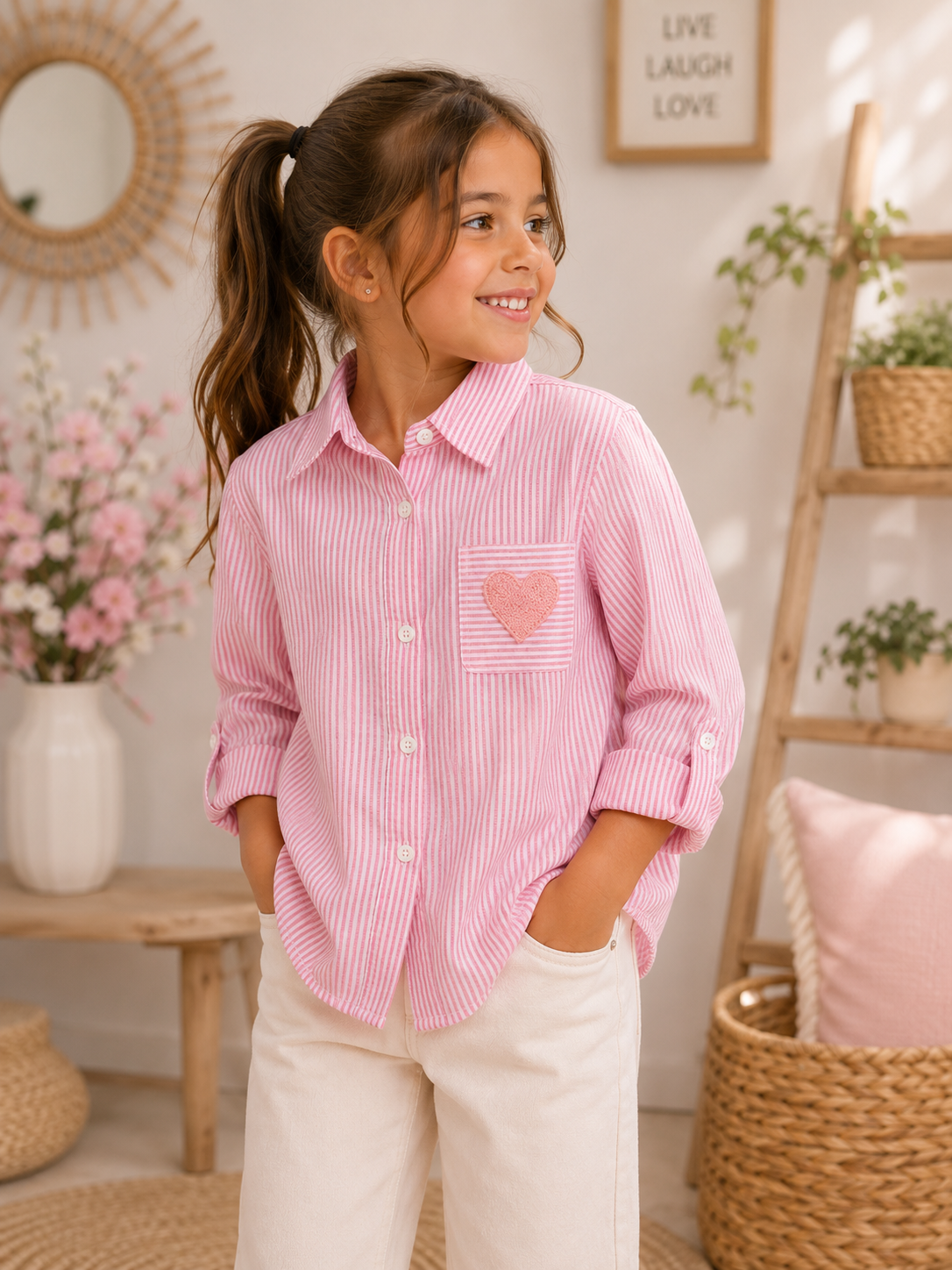 💗 Chemise rayée Cœur – Rose