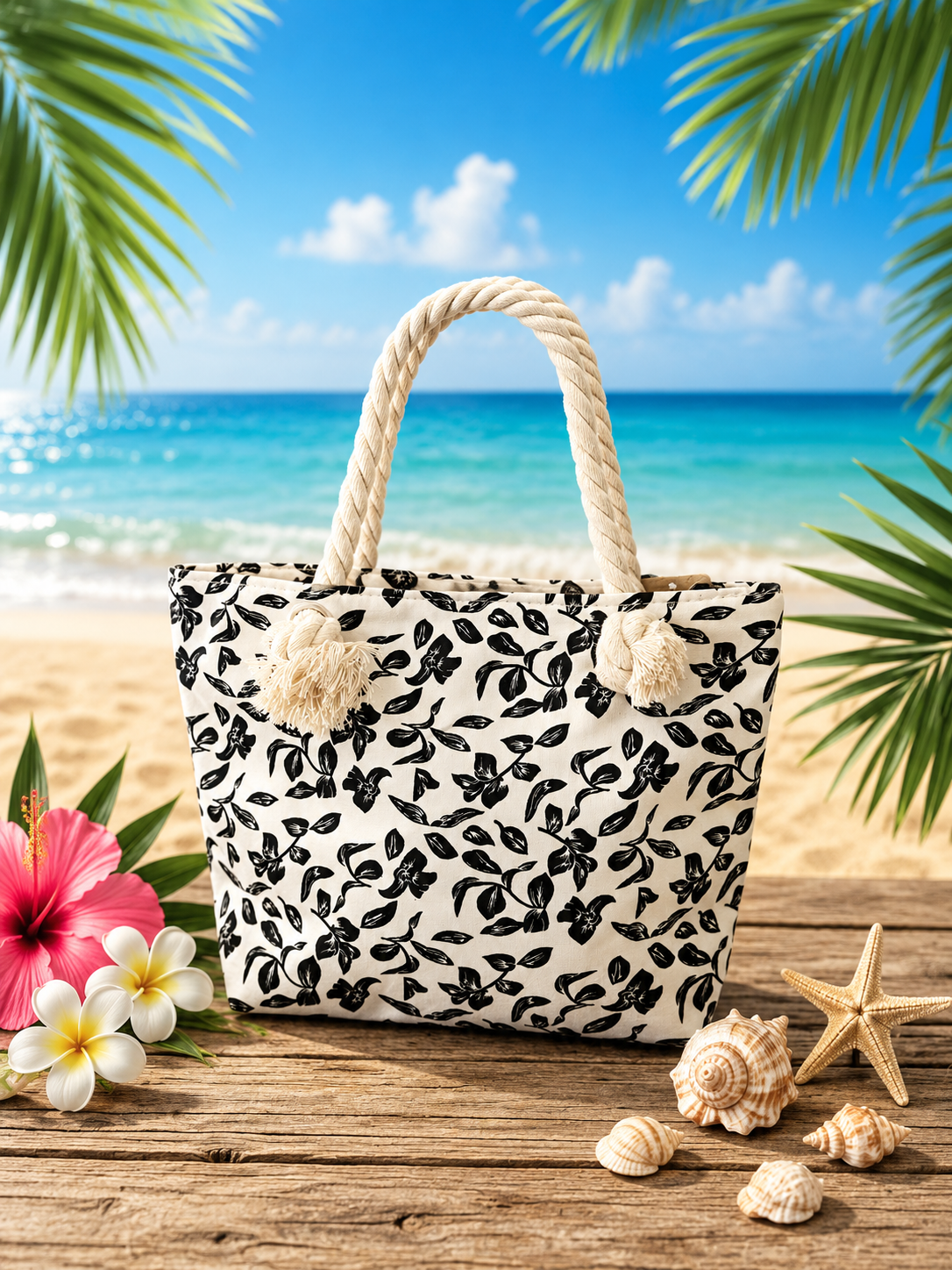Sac de plage fleuri noir & blanc