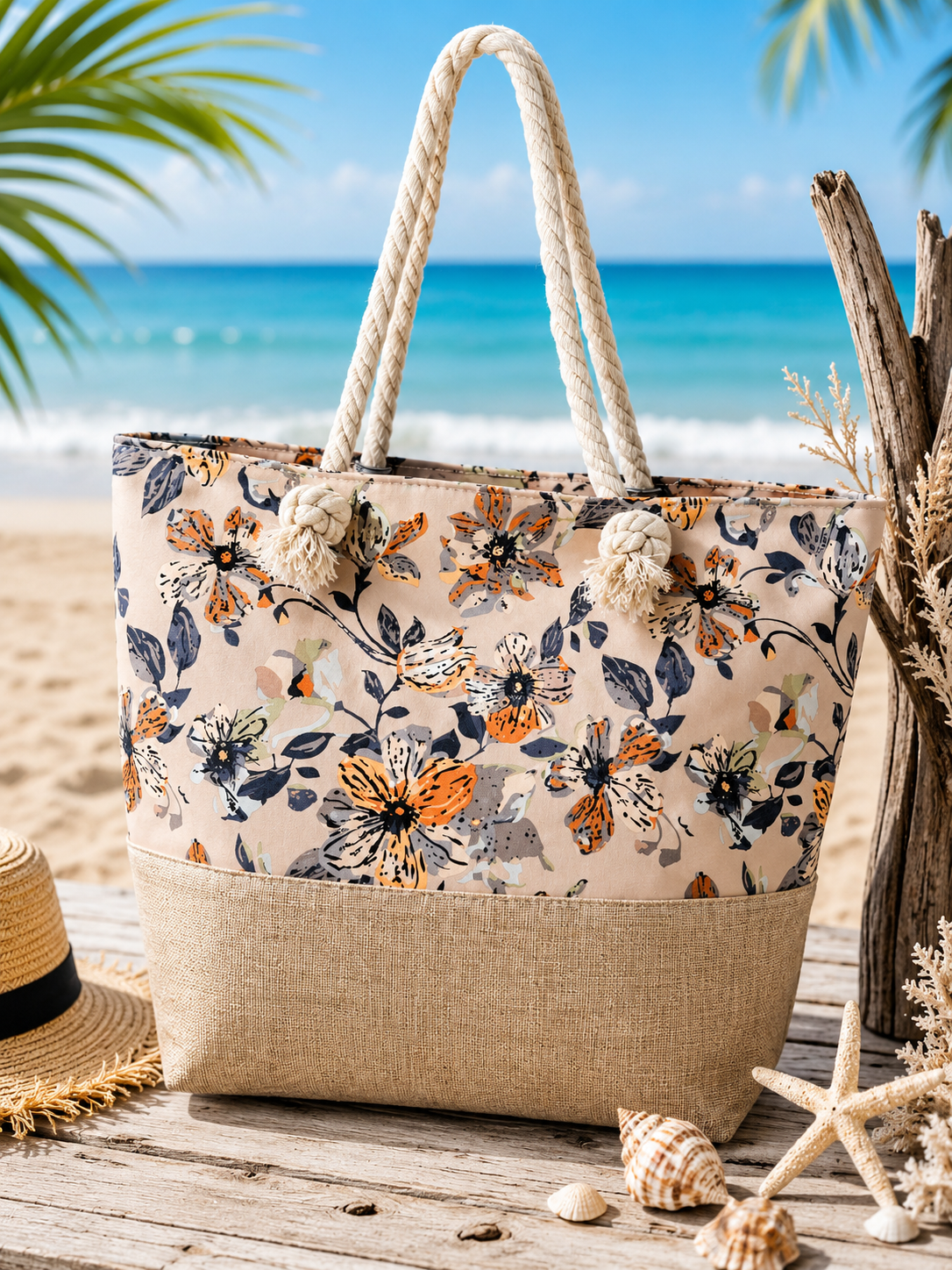 Sac de plage fleuri beige & terracotta