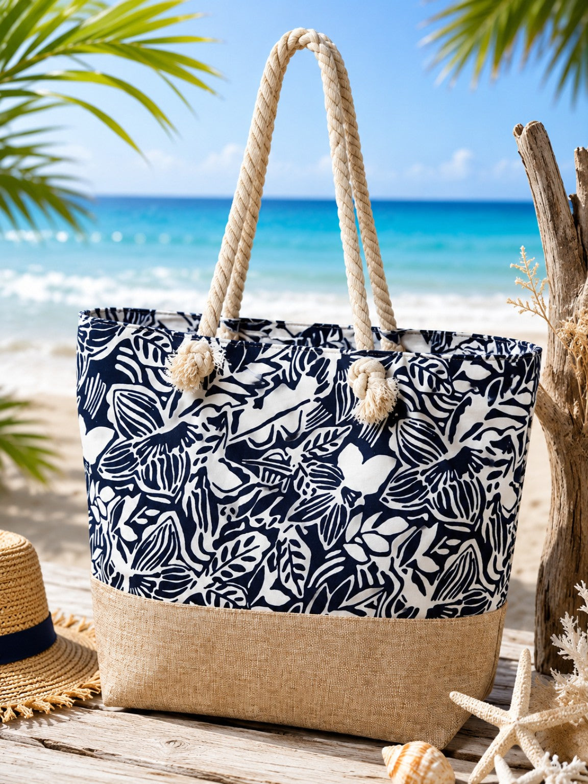 Sac de plage grand format – Motif bleu marine & blanc