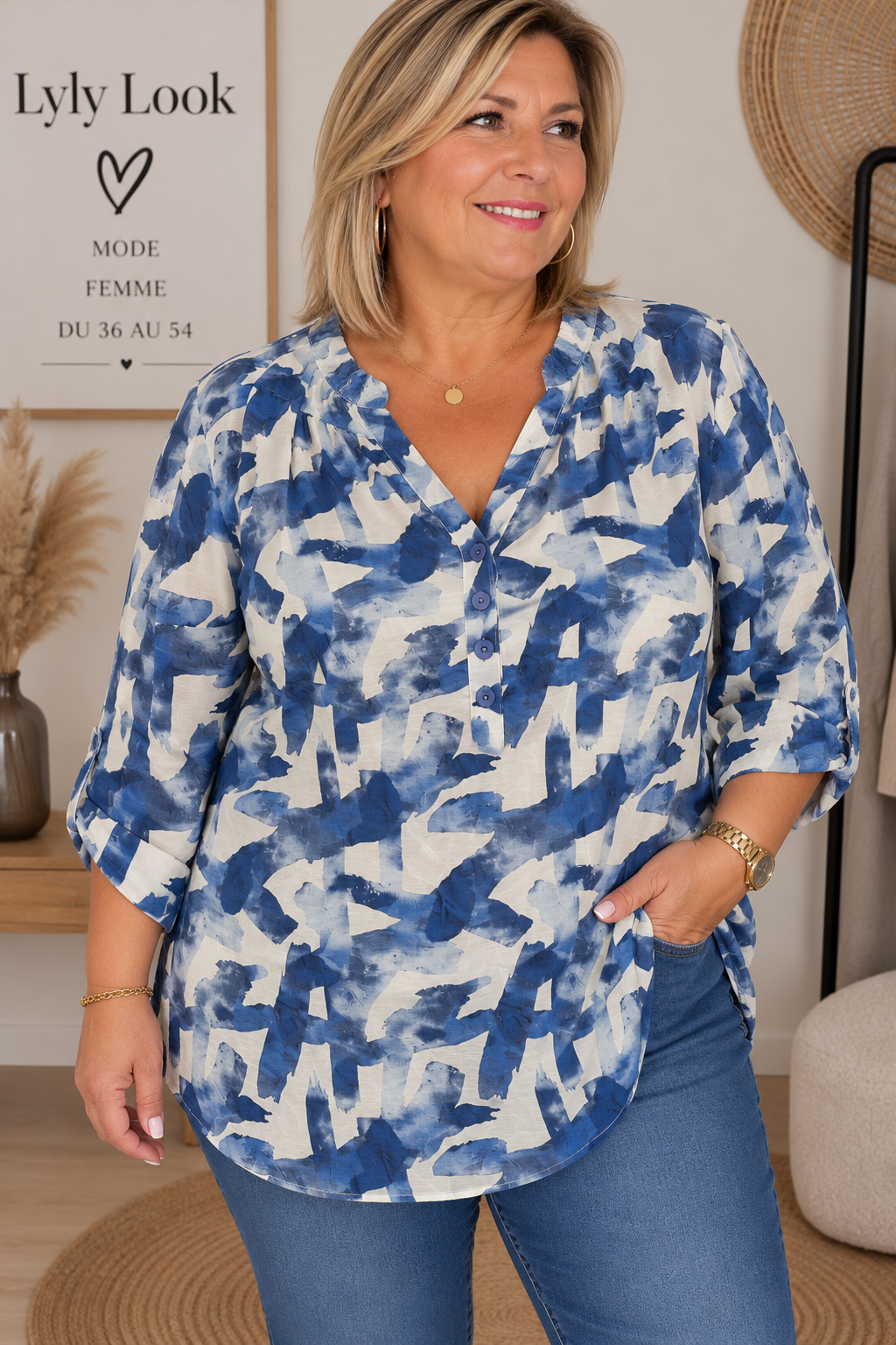 Blouse imprimée bleu & écru