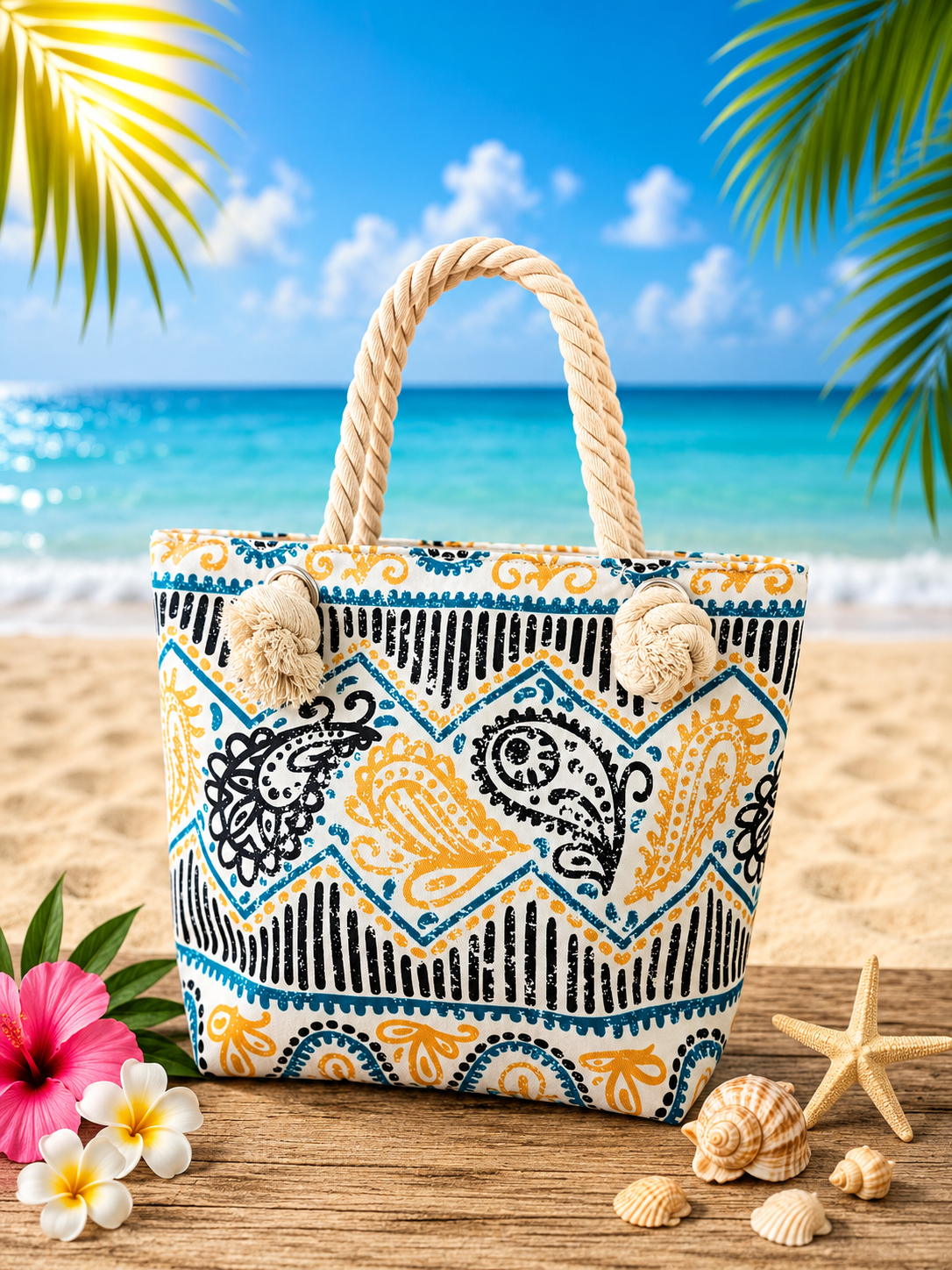Sac de plage bohème bleu & moutarde