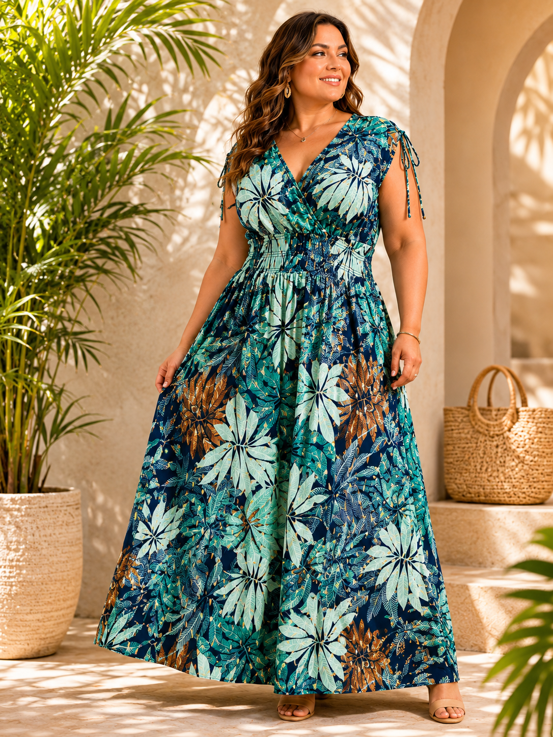 Robe MAGIQUE  Longue Imprimé Tropical Vert & Bleu taille unique 36 au 52