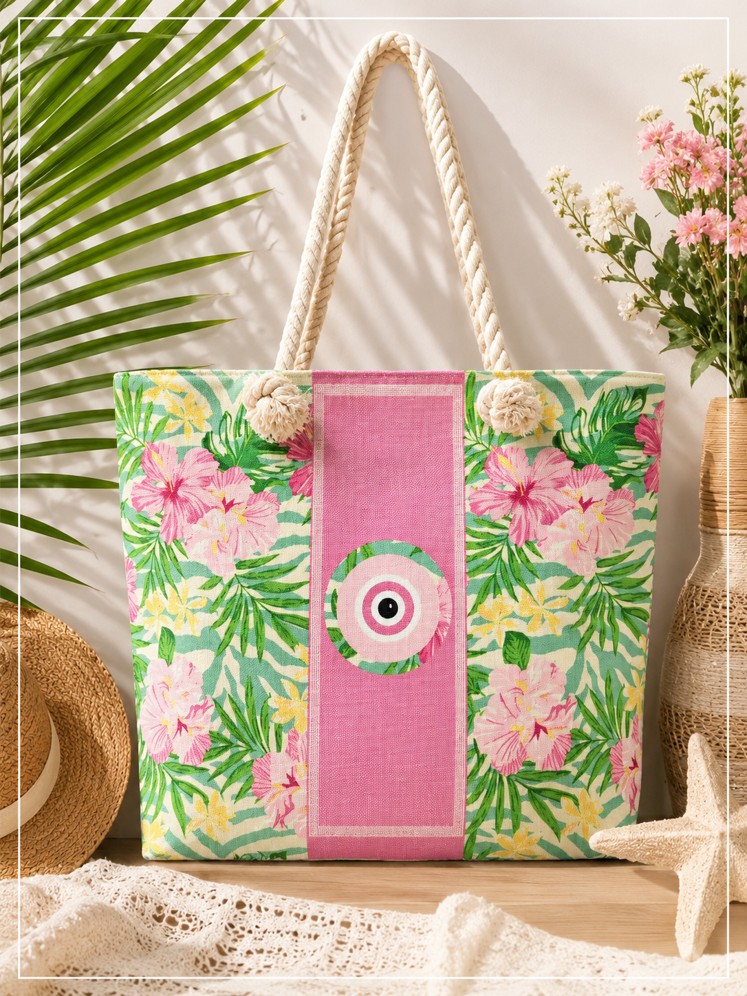 Sac de plage tropical rose – Œil porte-bonheur
