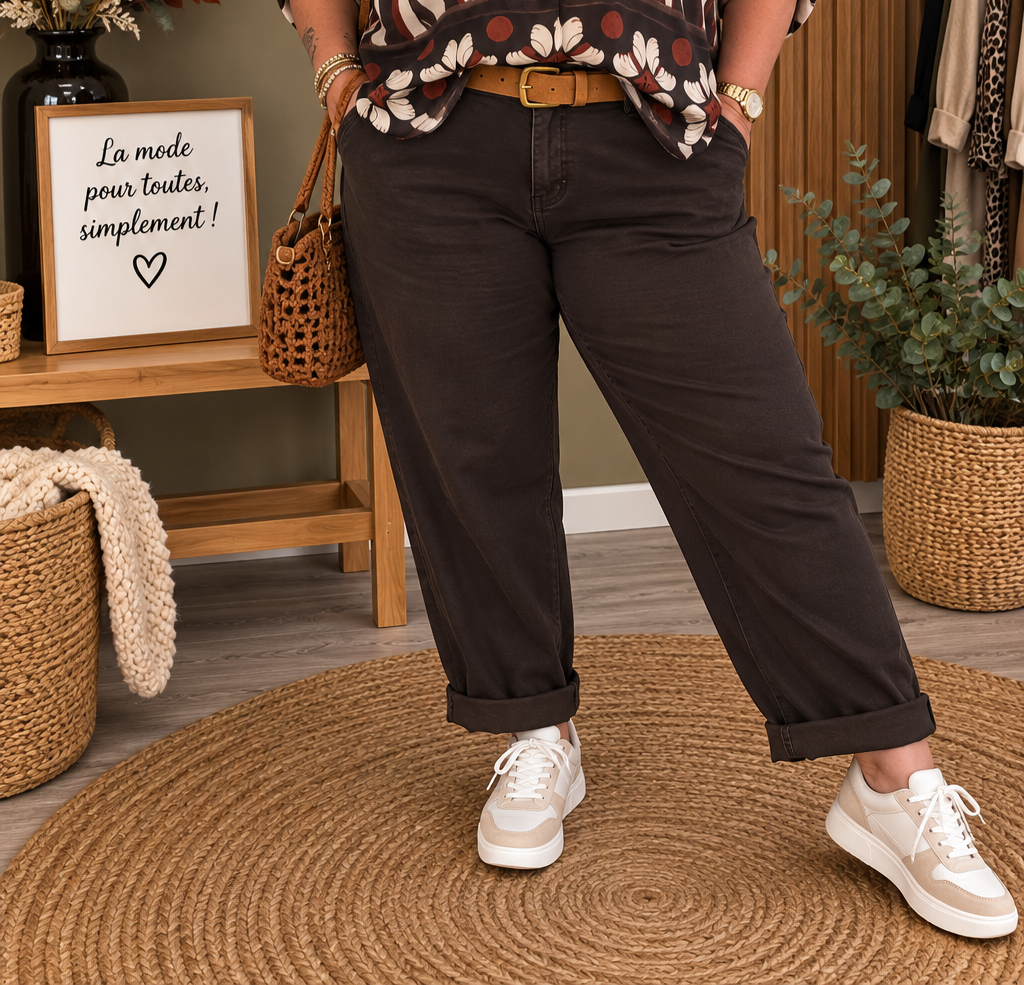 🤎 Jean Mom Belle Taille avec Ceinture – Chocolat