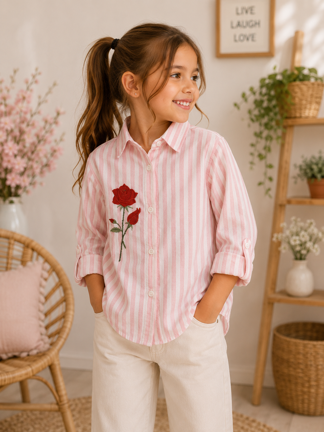 🌹 Chemise rayée Rose brodée – Rose & Blanc
