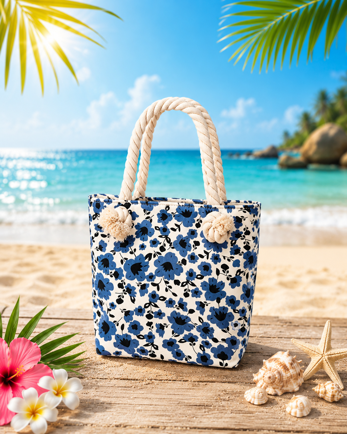 Sac de plage fleuri bleu