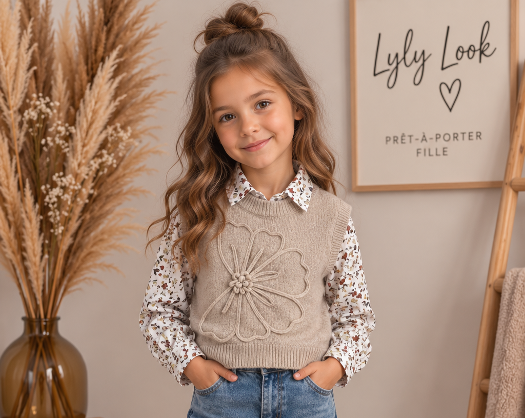 🤎 Pull sans manches fille – Fleur relief