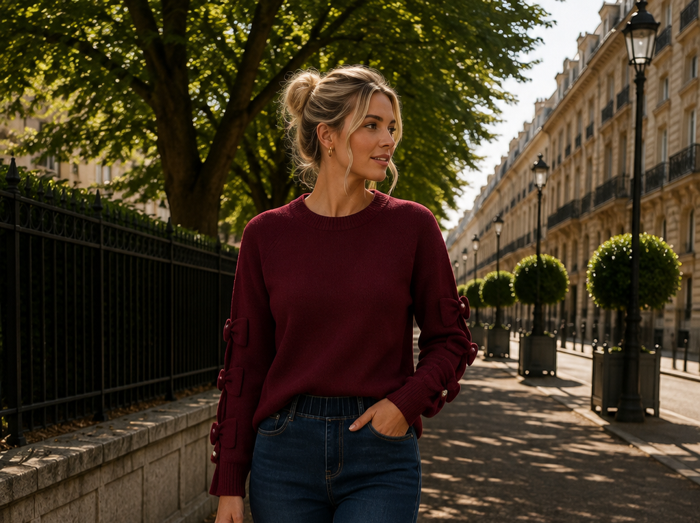 🍷 Pull bordeaux détails nœuds