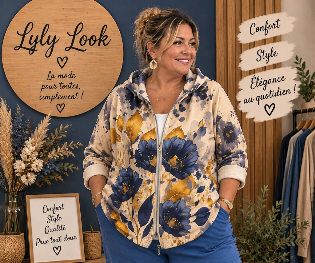 💙 Veste longue fleurie bleu & moutarde – Belle Taille
