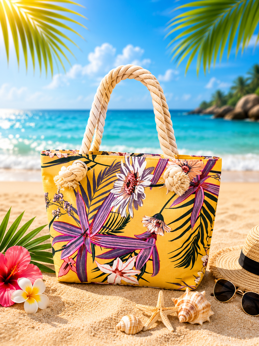 Sac de plage fleuri jaune tropical
